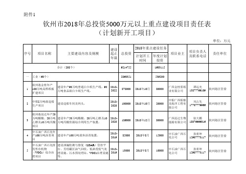钦州市5000万以上重点工程责任表