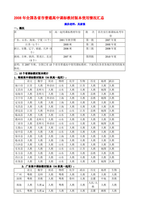 2008年全国各省市普通高中课标教材版本使用情况汇总