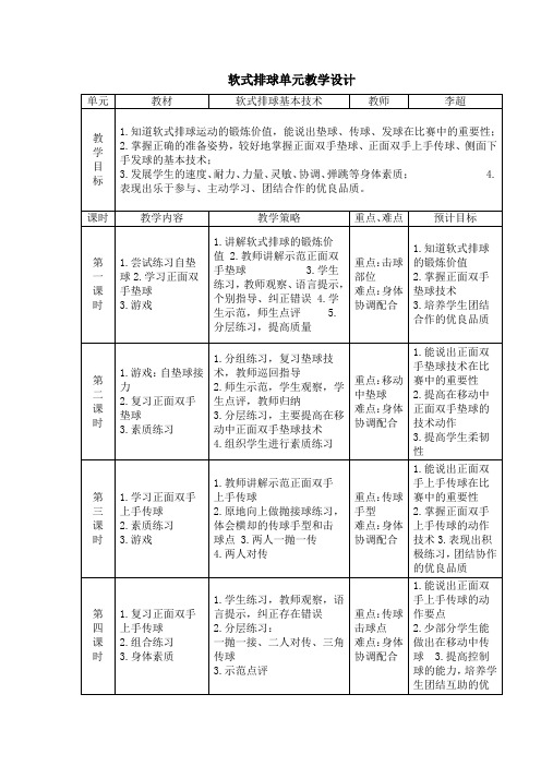 软式排球单元教学设计