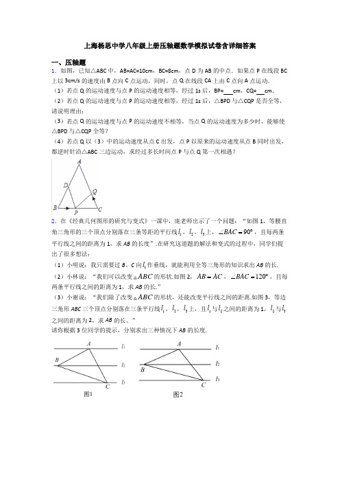 上海杨思中学八年级上册压轴题数学模拟试卷含详细答案