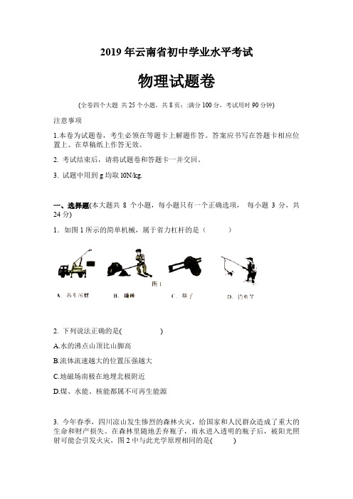 2019年云南省中考物理试卷 含答案