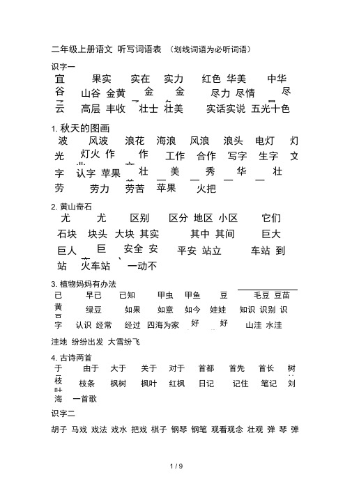 人教版二年级上册语文听写词语表8