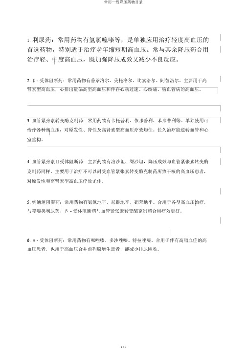 常用一线降压药物目录