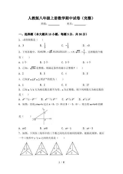 人教版八年级上册数学期中试卷(完整)