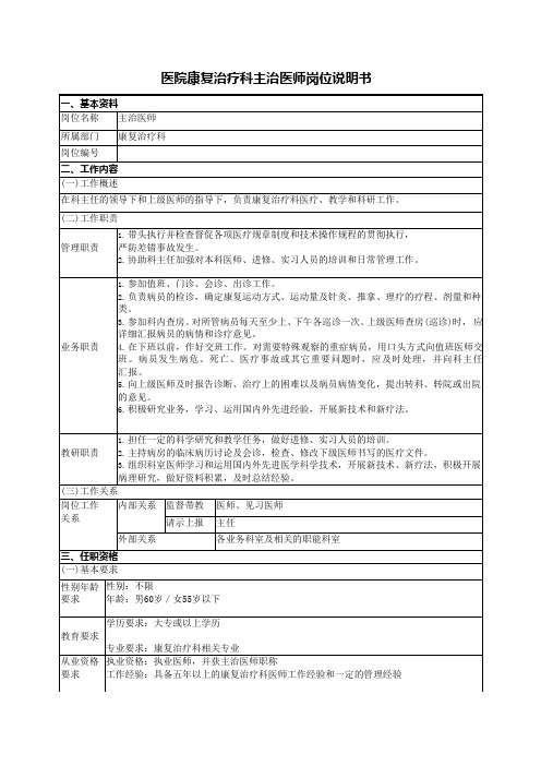 医院康复治疗科主治医师岗位说明书