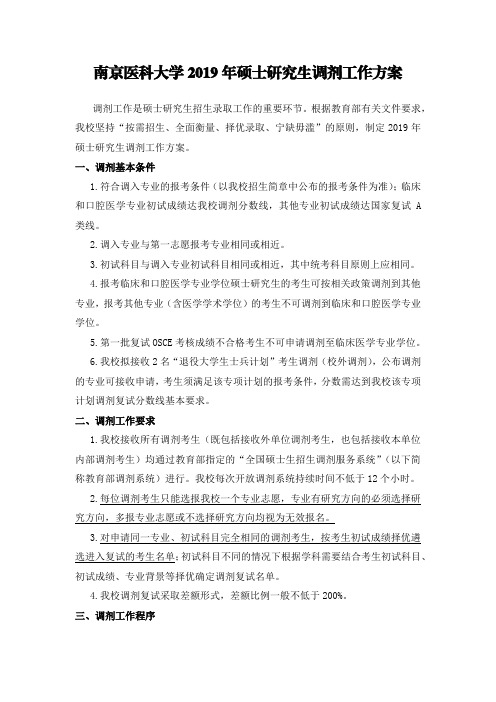 南京医科大学2019年硕士研究生调剂工作方案