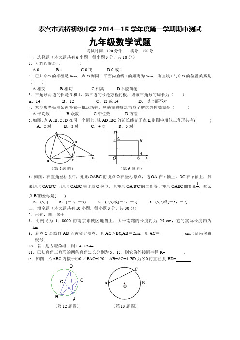 江苏省泰兴市黄桥初级中学九年级上学期期中测试数学试