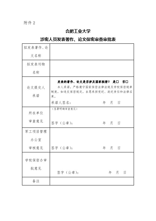 涉密人员发表著作、论文保密审查审批表