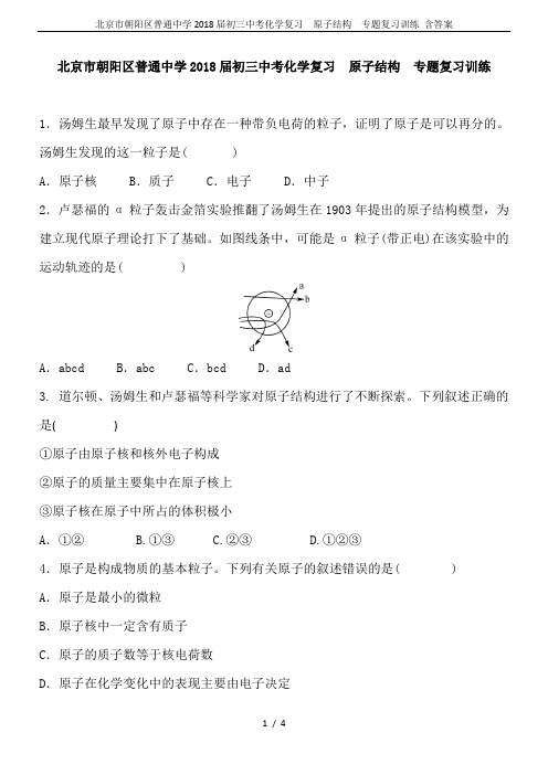 北京市朝阳区普通中学2018届初三中考化学复习  原子结构  专题复习训练 含答案