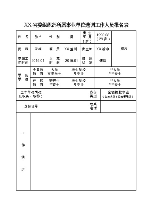 省委组织部所属事业单位选调工作人员报名表【模板】