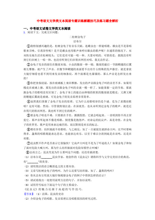中考语文文学类文本阅读专题训练解题技巧及练习题含解析