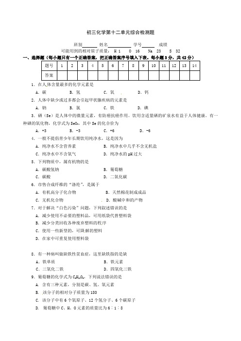 新版人教版初三九年级下册化学第12单元测试题及答案2