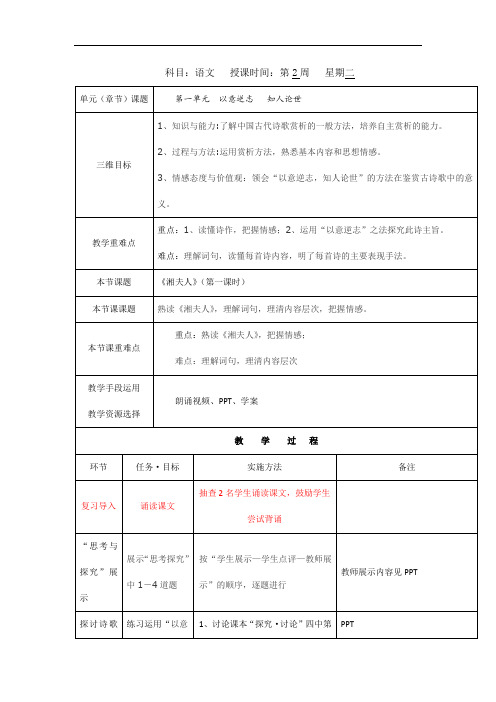 人教版高中语文选修“中国古代诗歌散文鉴赏”教案：第一单元第2课《湘夫人》教案第二课时