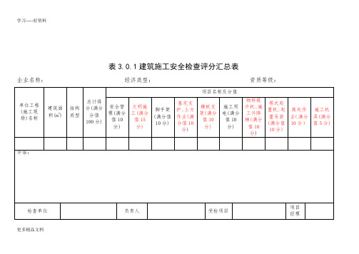 年安全员考试安全检查评分表及汇总表教学内容