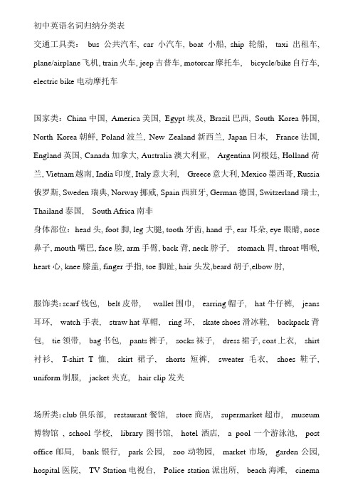 初中英语名词归纳分类表