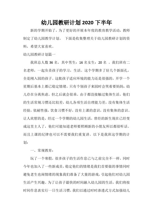  幼儿园教研计划2020下半年