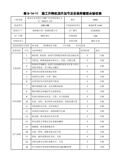 表B-14-11施工升降机顶升加节及安装附着联合验收表