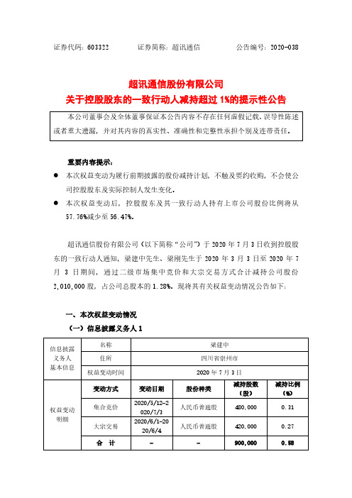 超讯通信：关于控股股东的一致行动人减持超过1%的提示性公告