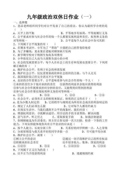 九年级政治双休日作业1