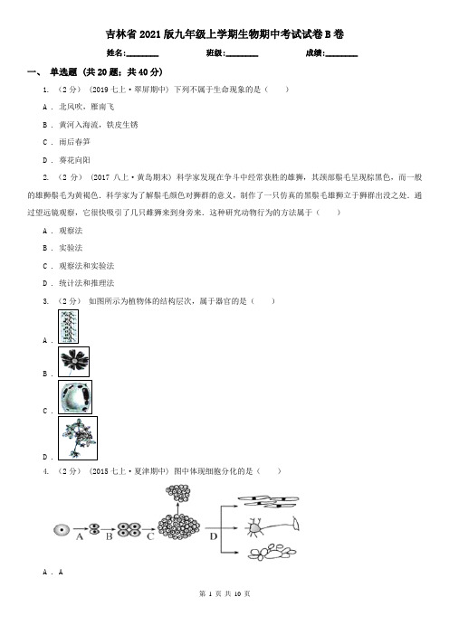 吉林省2021版九年级上学期生物期中考试试卷B卷