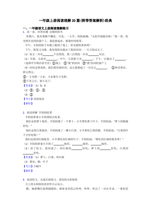 一年级一年级上册阅读理解20篇(附带答案解析)经典