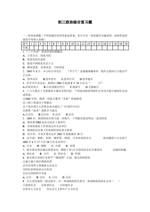 初三政治综合复习题
