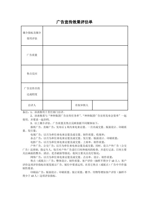 广告宣传效果评估单