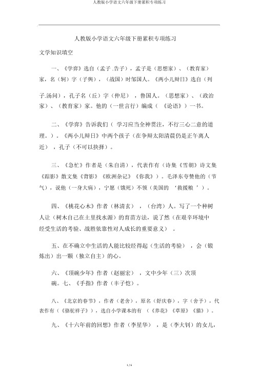 人教版小学语文六年级下册积累专项练习