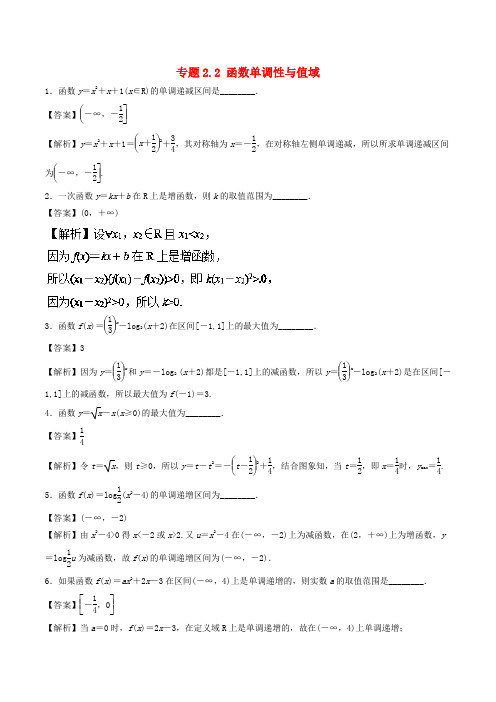 (江苏专版)2019年高考数学一轮复习 专题2.2 函数单调性与值域(练)