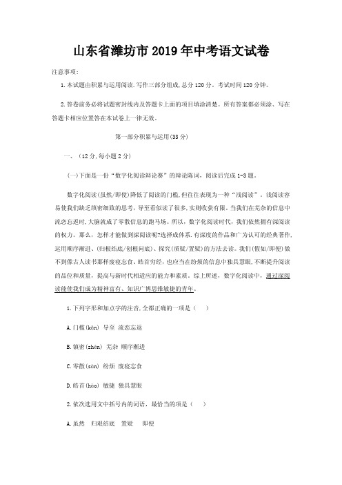 山东省潍坊市2019年中考语文试卷 含答案