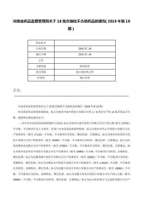 河南省药品监督管理局关于18批次抽检不合格药品的通告（2019年第10期）-