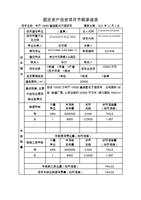 固定资产投资项目节能承诺表实用文档
