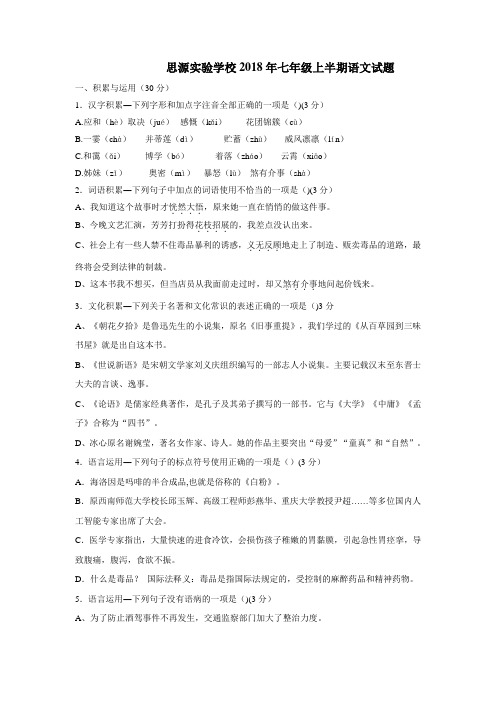 思源实验学校18—19学年上学期七年级期中考试语文试题(附答案)