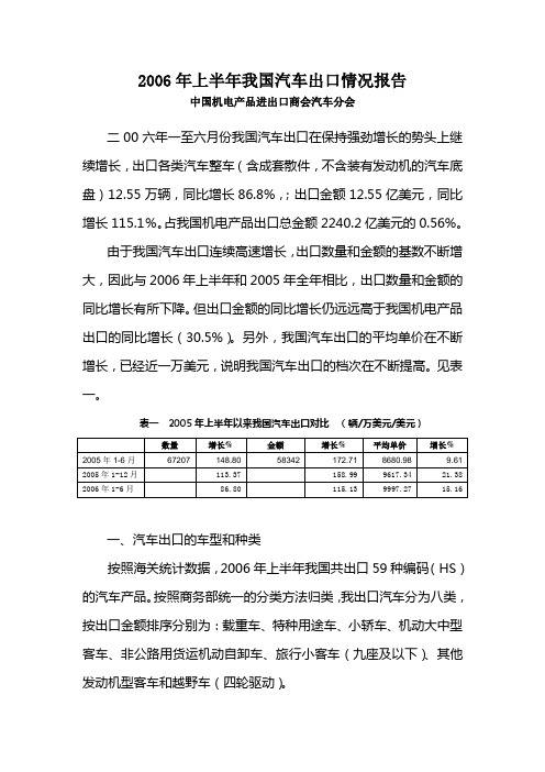 2006年上半年我国汽车出口情况报告范文
