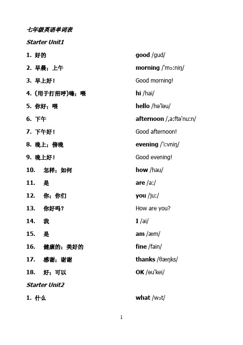 新版人教版七年级上册英语单词表(含音标)