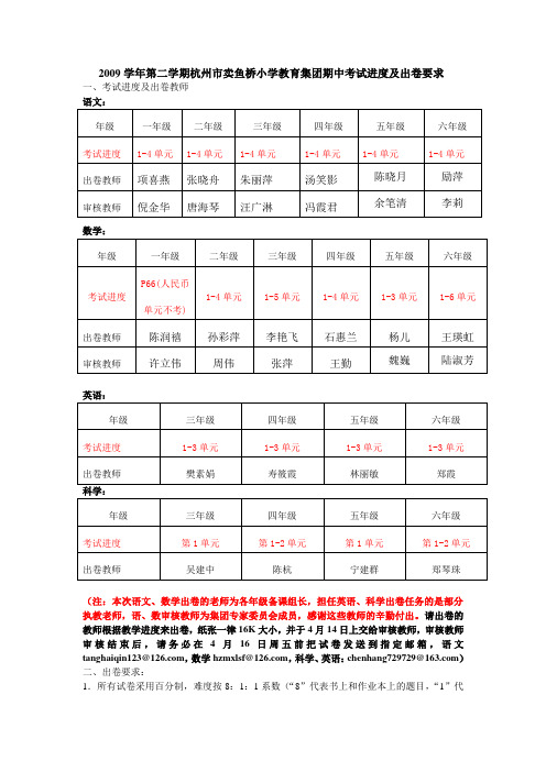2009学年第二学期杭州市卖鱼桥小学教育集团期中考试进度及出卷要求