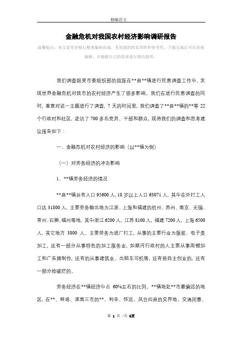 金融危机对我国农村经济影响调研报告范本