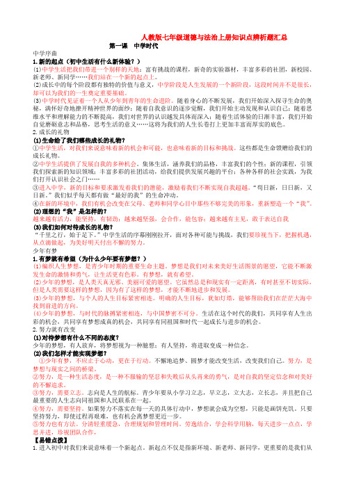 人教版七年级道德与法治上册知识点辨析题汇总