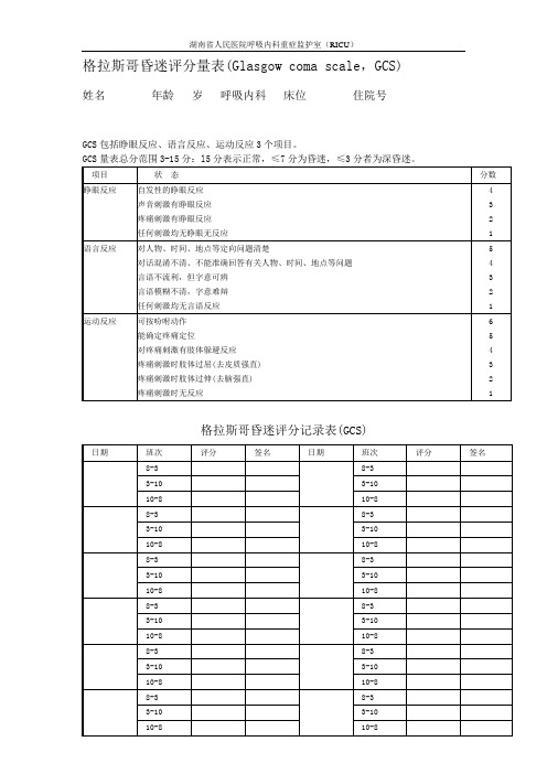 格拉斯哥昏迷评分量表&记录表