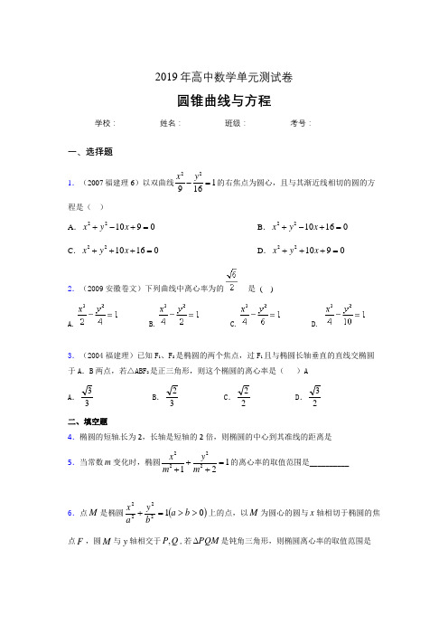 精选最新版2019高中数学单元测试《圆锥曲线方程》模拟考核题(含参考答案)