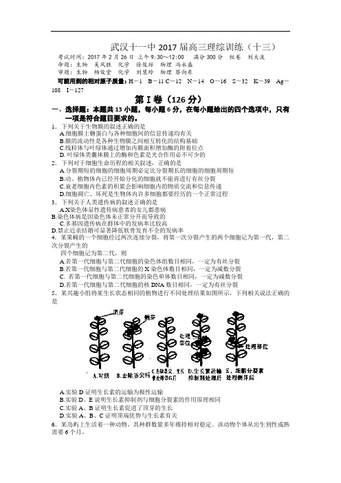 湖北省武汉十一中2017届高三理综训练(13) Word版含答案