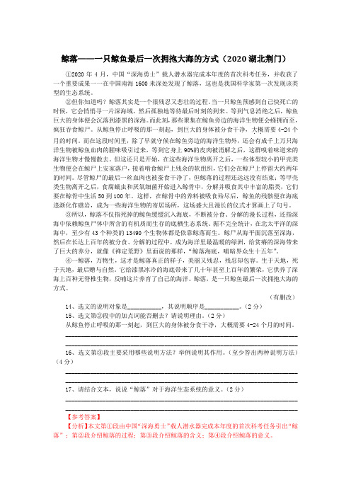 一只鲸鱼最后一次拥抱大海的方式(2020湖北荆门中考语文说明文阅读试题及答案)