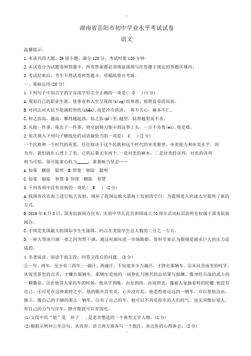 2019-2020学年湖南省岳阳市中考语文模拟试题(有标准答案)