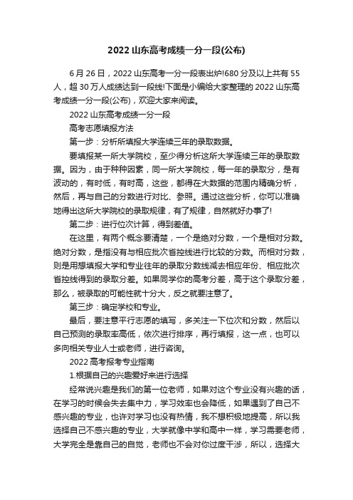 2022山东高考成绩一分一段（公布）