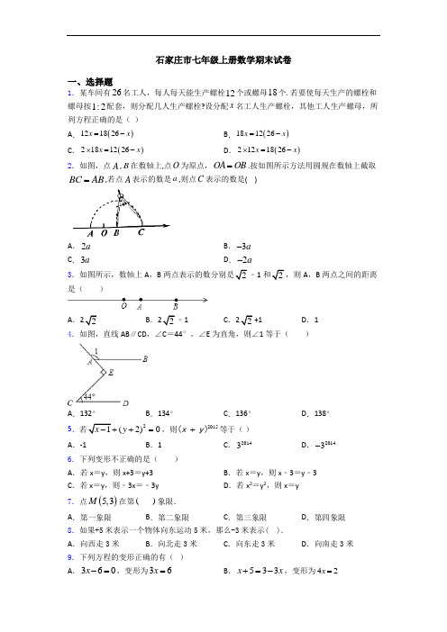 石家庄市七年级上册数学期末试卷