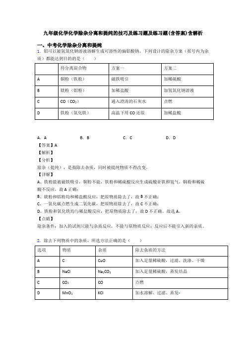 九年级化学化学除杂分离和提纯的技巧及练习题及练习题(含答案)含解析