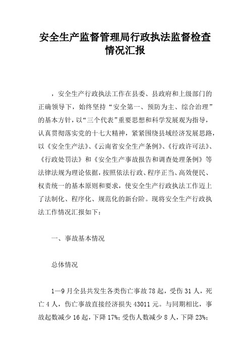 安全生产监督管理局行政执法监督检查情况汇报