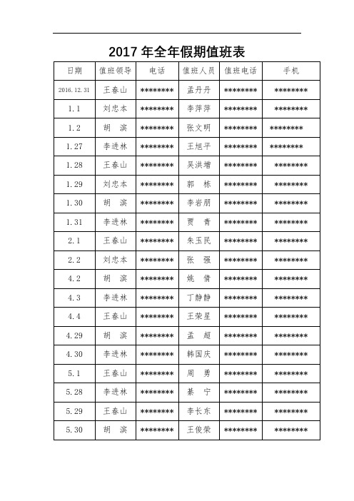 2017年全年假期值班表【模板】