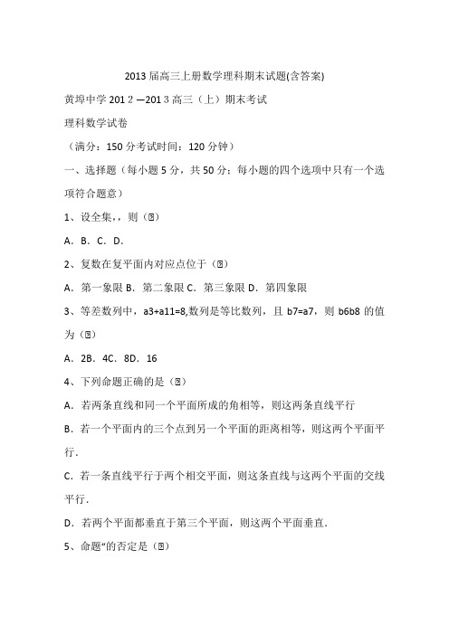 2013届高三上册数学理科期末试题(含答案)
