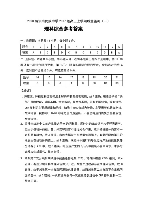 2020届云南省云南民族中学2017级高三上学期质量监测(一)理科综合参考答案